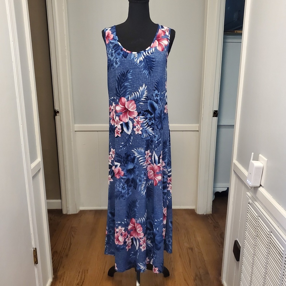 sjs Hibiscus Floral Woman's Sleeveless Dress Sz MED Tropical Maxi Tank Blue/Pink